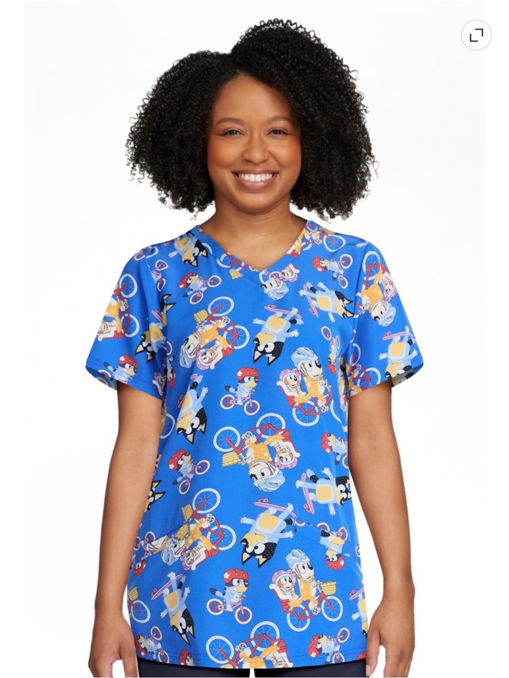NWT Women’s Bluey medical scrub top short Sleeve V-Neck Bicycle Print 3XL pocket